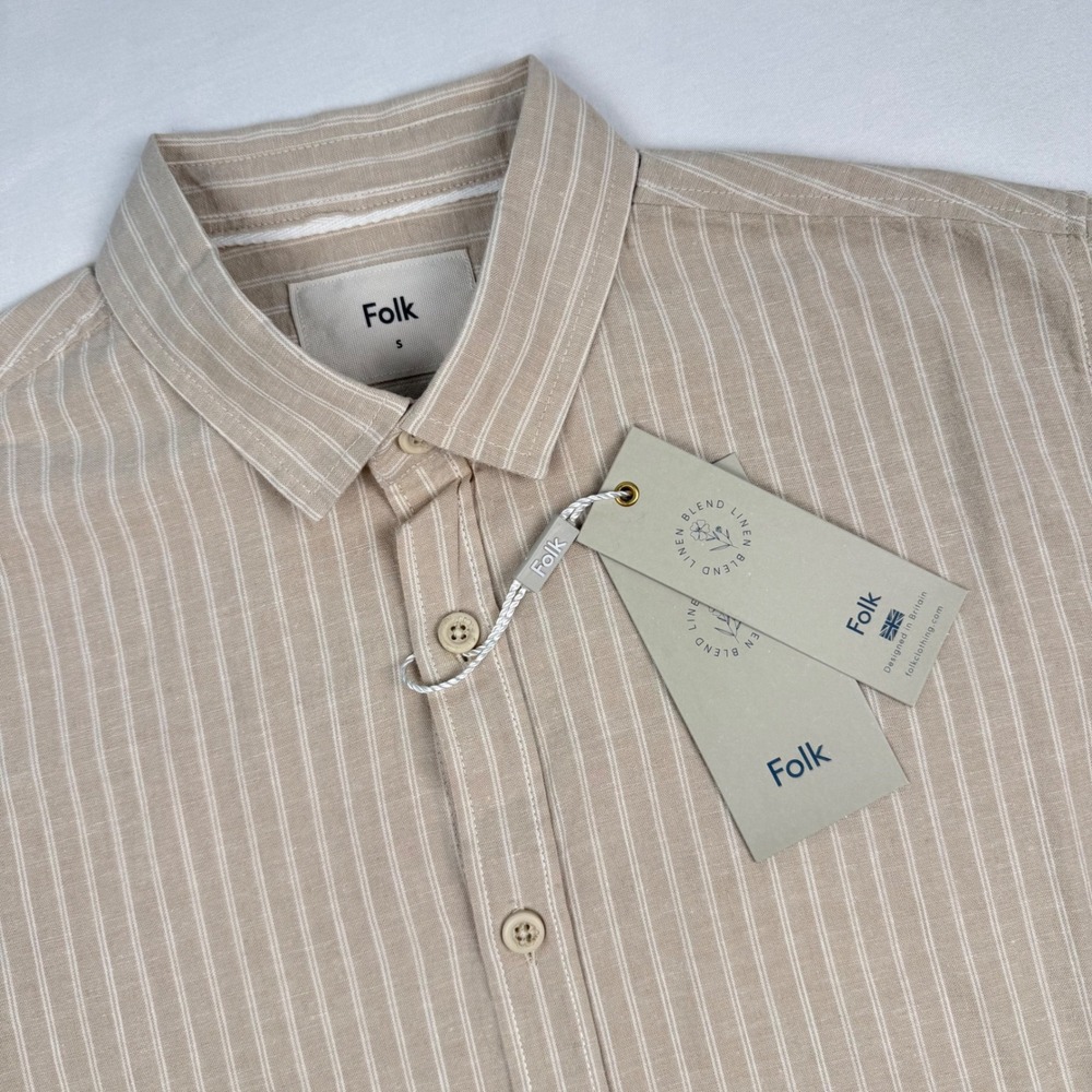 Folk Grant Stripe Short Sleeve Shirt Stone Beige Linen Blend Mens Small NWT